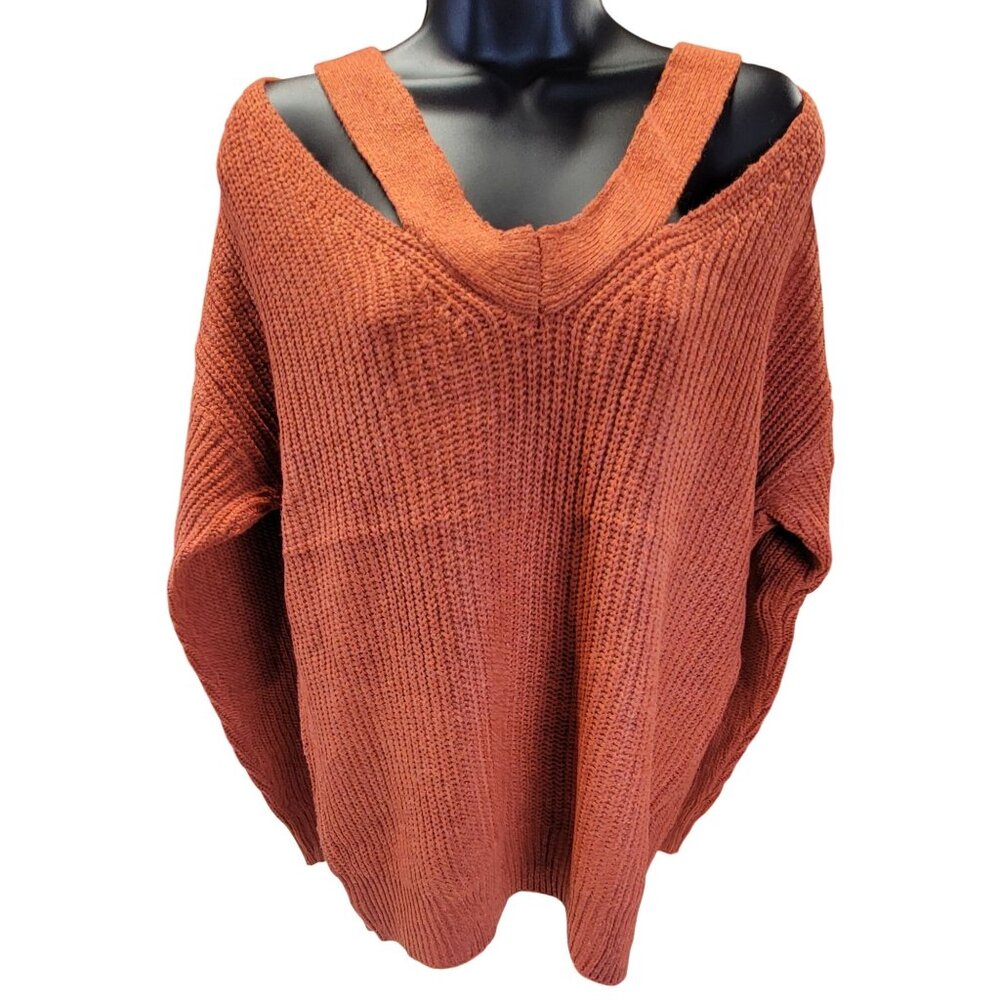 Sweater V-Neck Ultra Soft Rust Distressed Knit Long Sleeve Womens Medium NEW